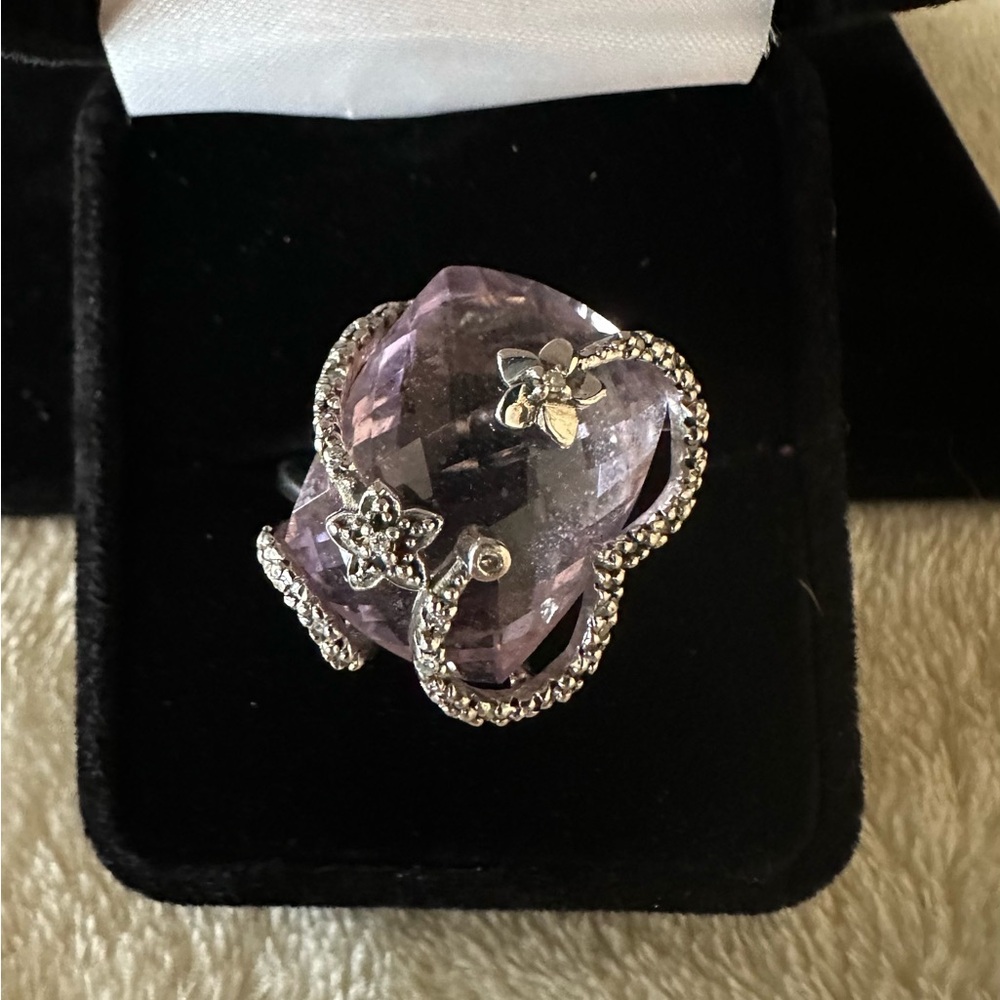 Amethyst Feb Floral Bypass Sterling Silver Ring. Size 7.75